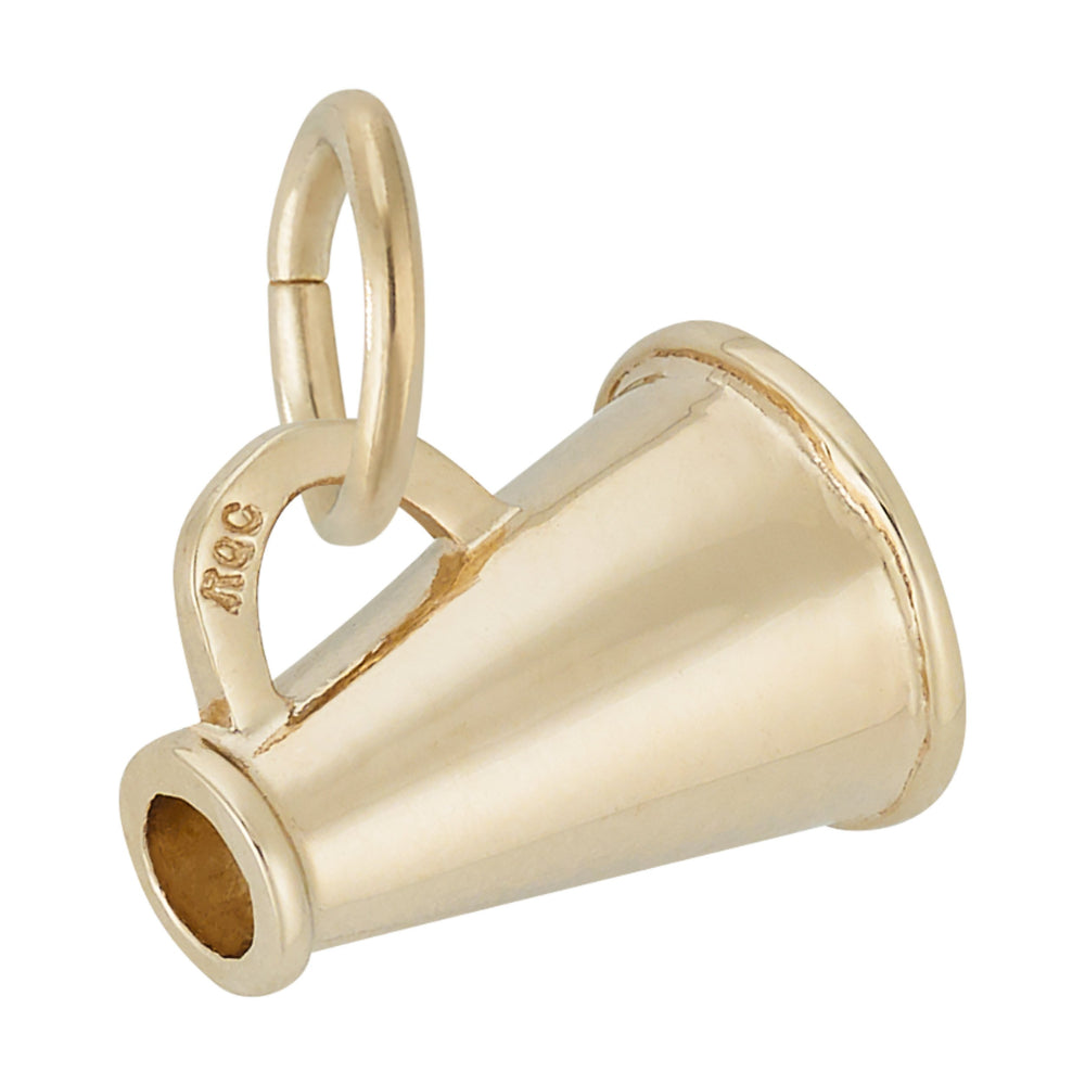 A polished gold  charm shaped like a small megaphone, with a cylindrical mouthpiece, shown on a plain white background.