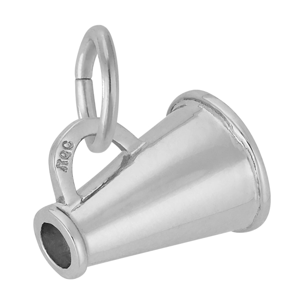 A polished silver-toned metal charm shaped like a small megaphone, with a cylindrical mouthpiece, shown on a plain white background.