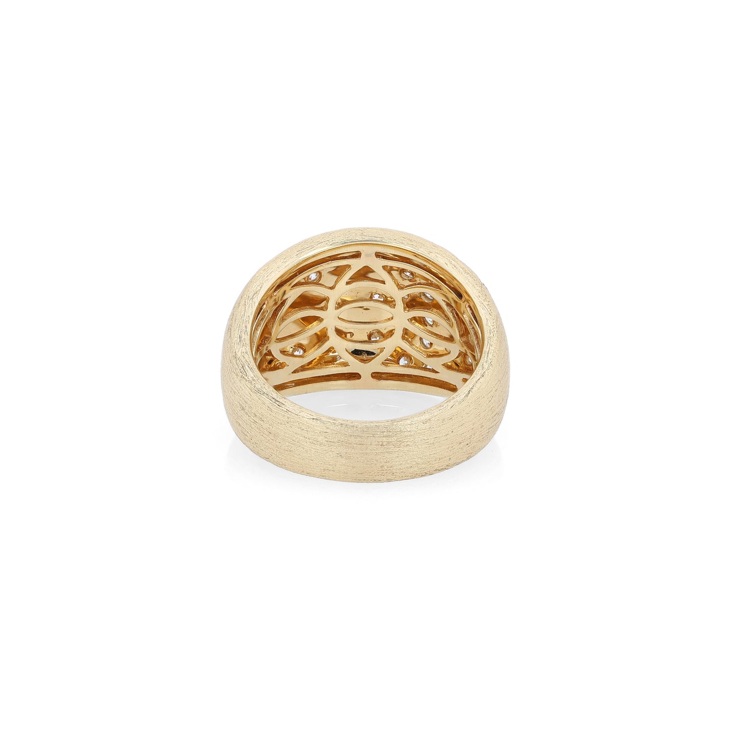 Gold ring with intricate design on a white background