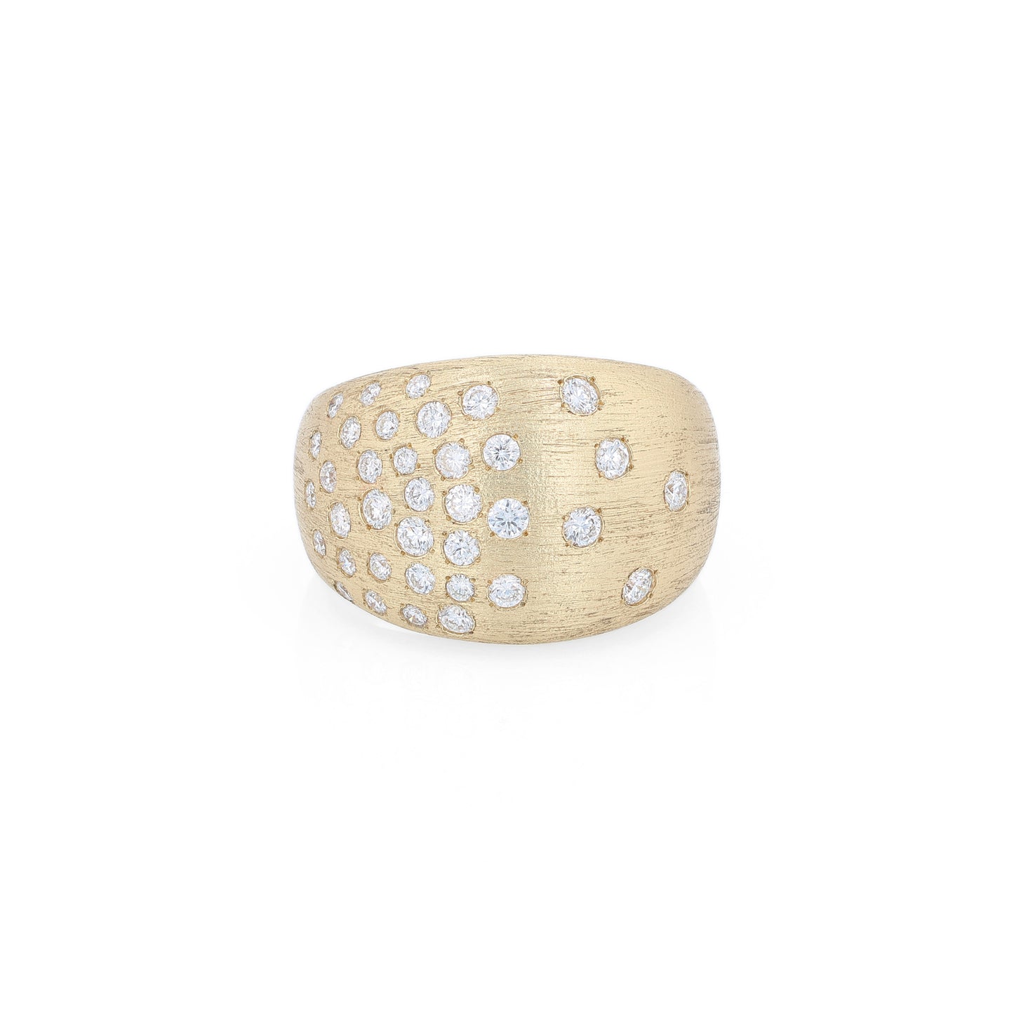 Gold ring with embedded diamonds on a white background