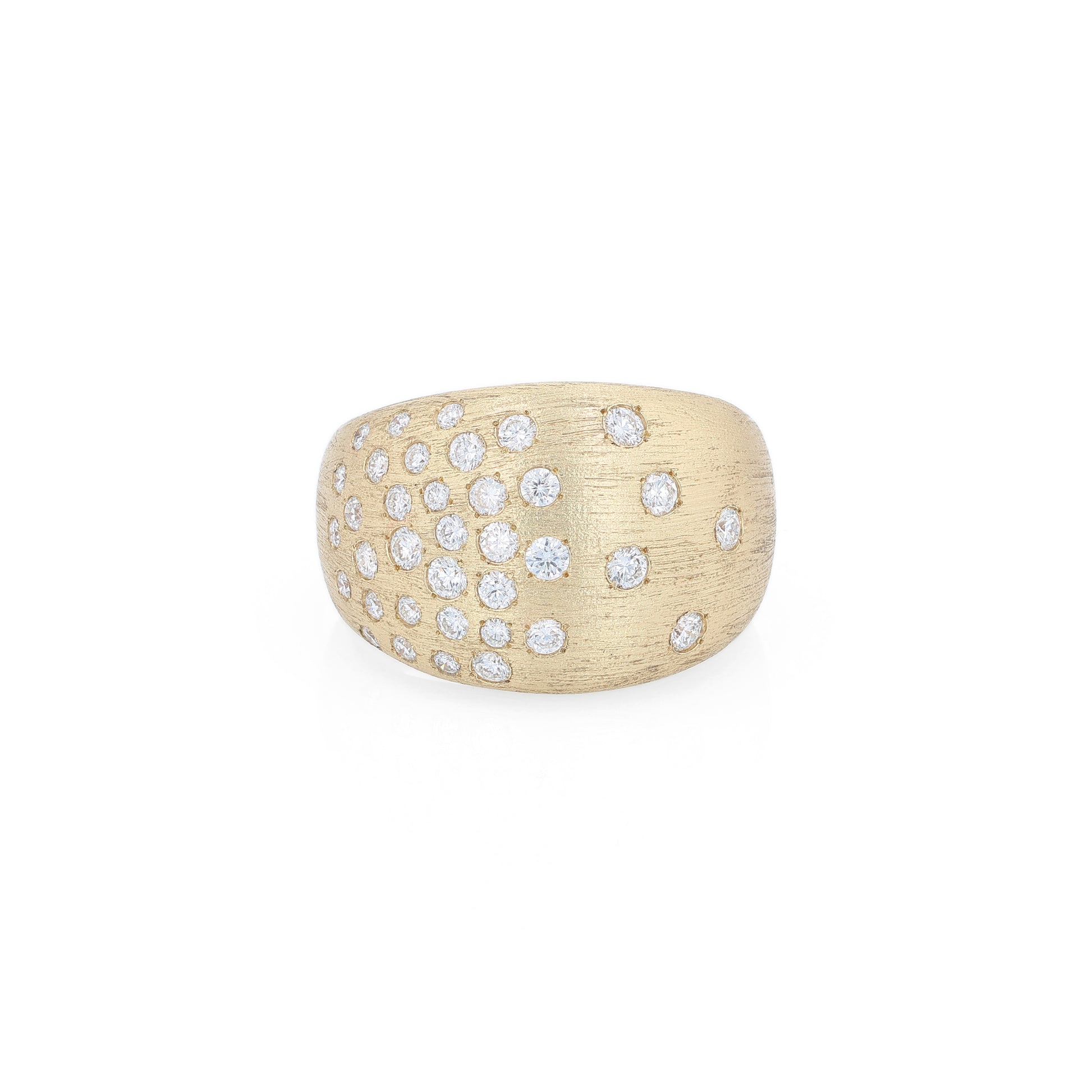 Gold ring with embedded diamonds on a white background