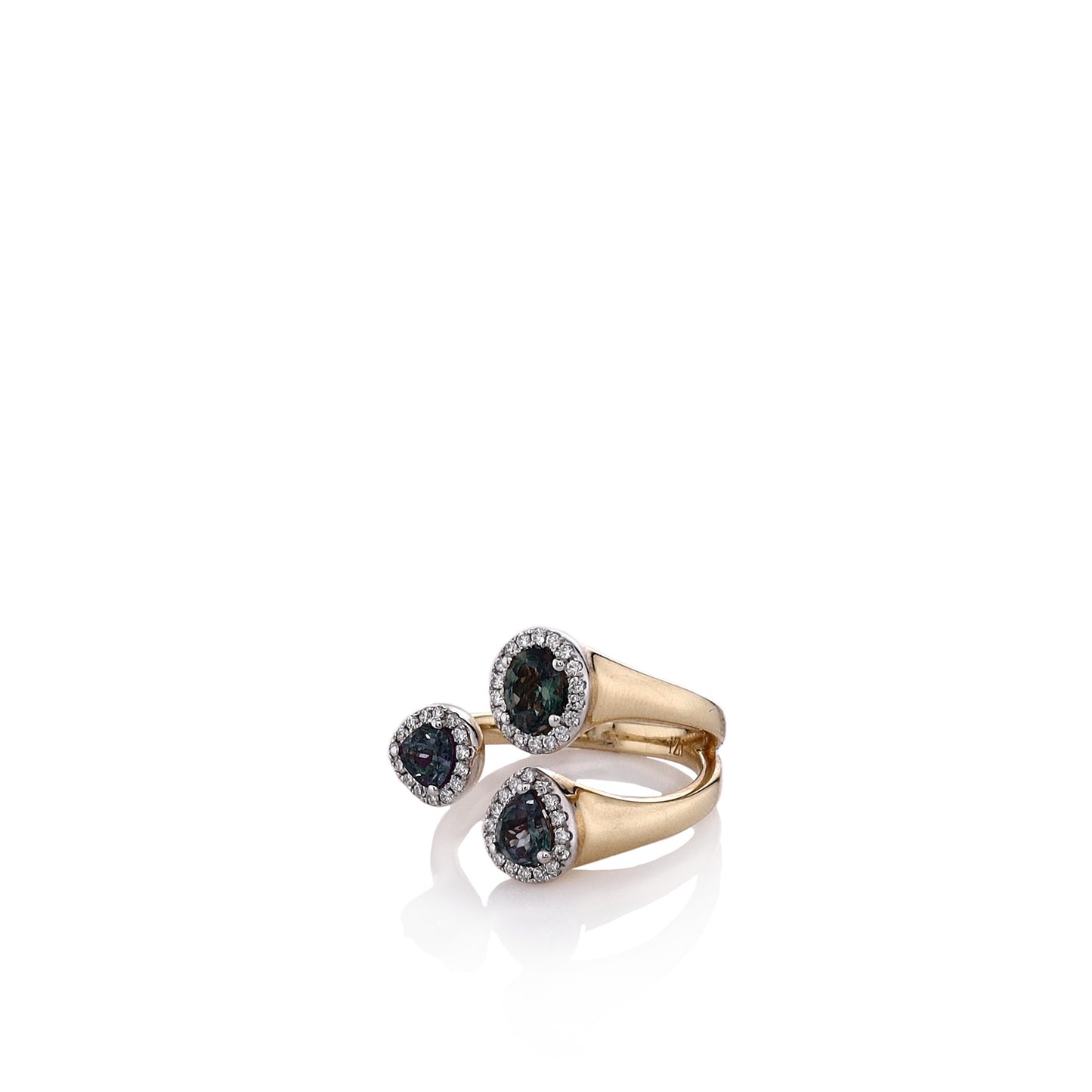 14k Yellow Gold Open Design Multi Shape Alexandrite and Diamond Halo Ring