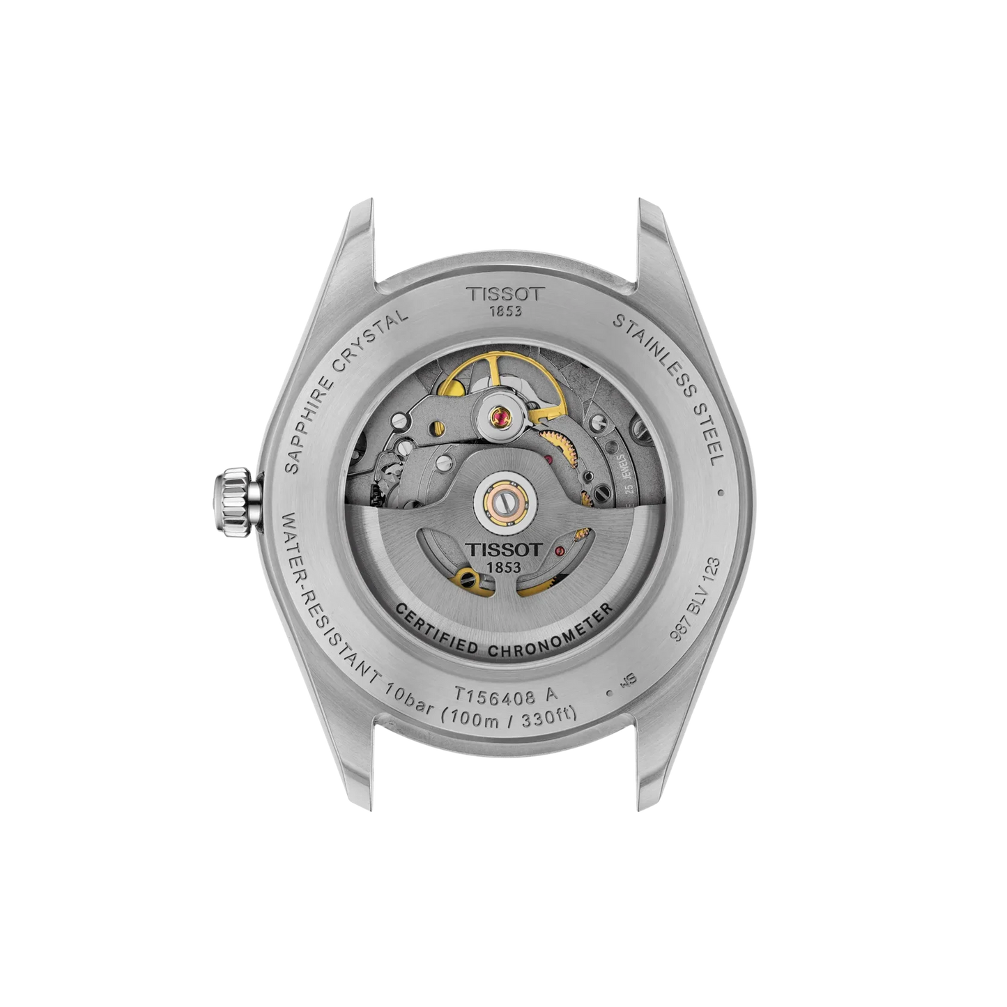 The back case of a Tissot 185 stainless steel watch, showing the open-heart mechanism through a sapphire crystal, on a white background.