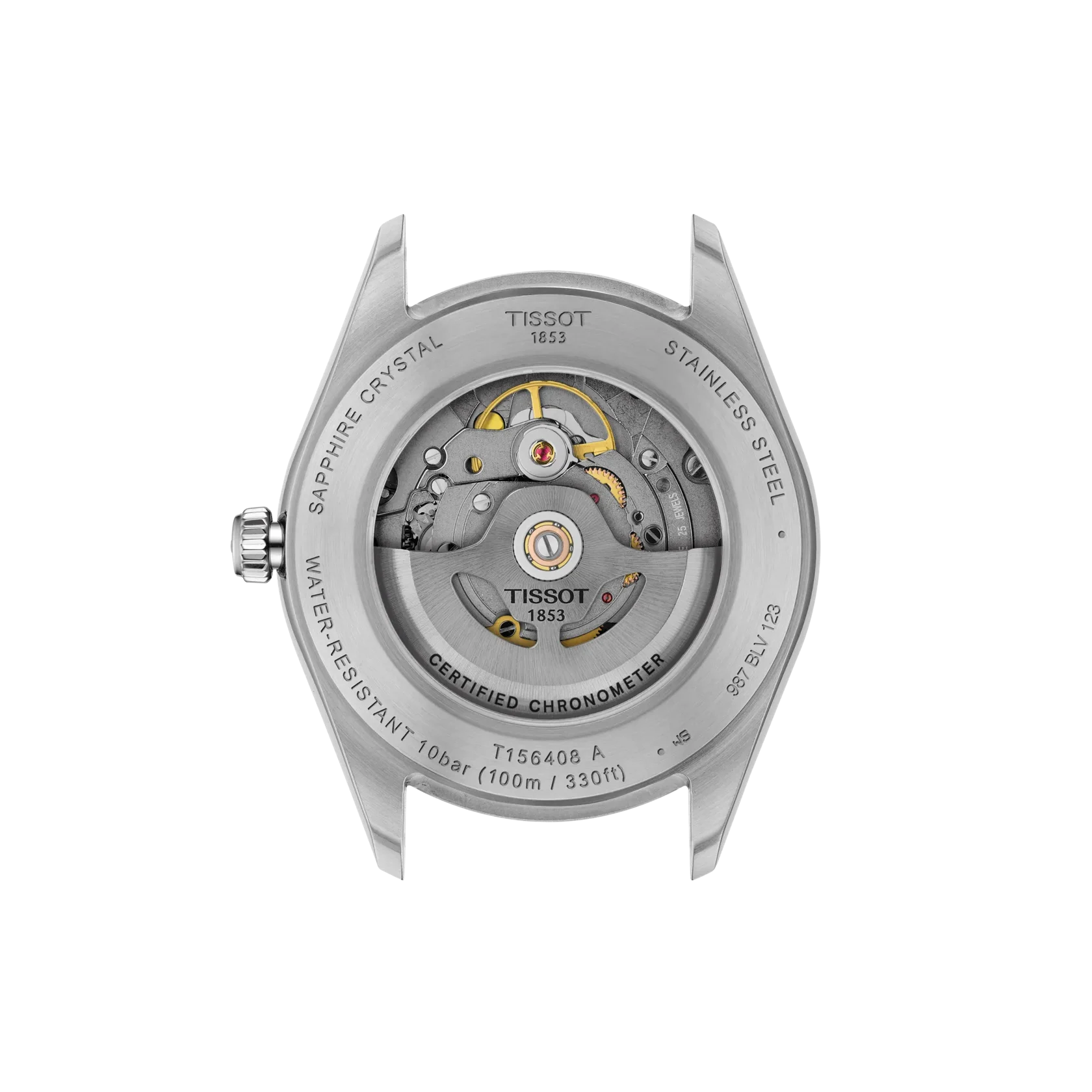 The back case of a Tissot 185 stainless steel watch, showing the open-heart mechanism through a sapphire crystal, on a white background.