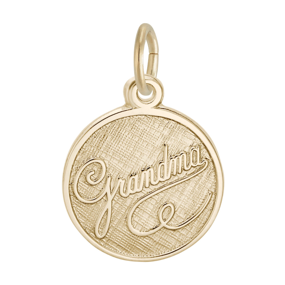 Gold charm with 'Grandma' engraved on a white background