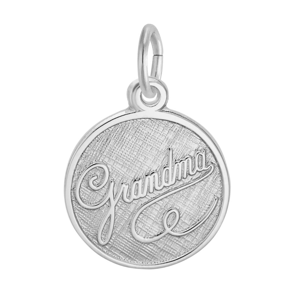 Silver charm with 'Grandma' engraved on a white background