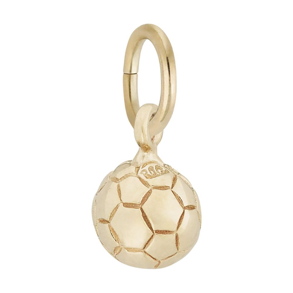 Reverse side of A gold 3-D soccer ball charm on a white background