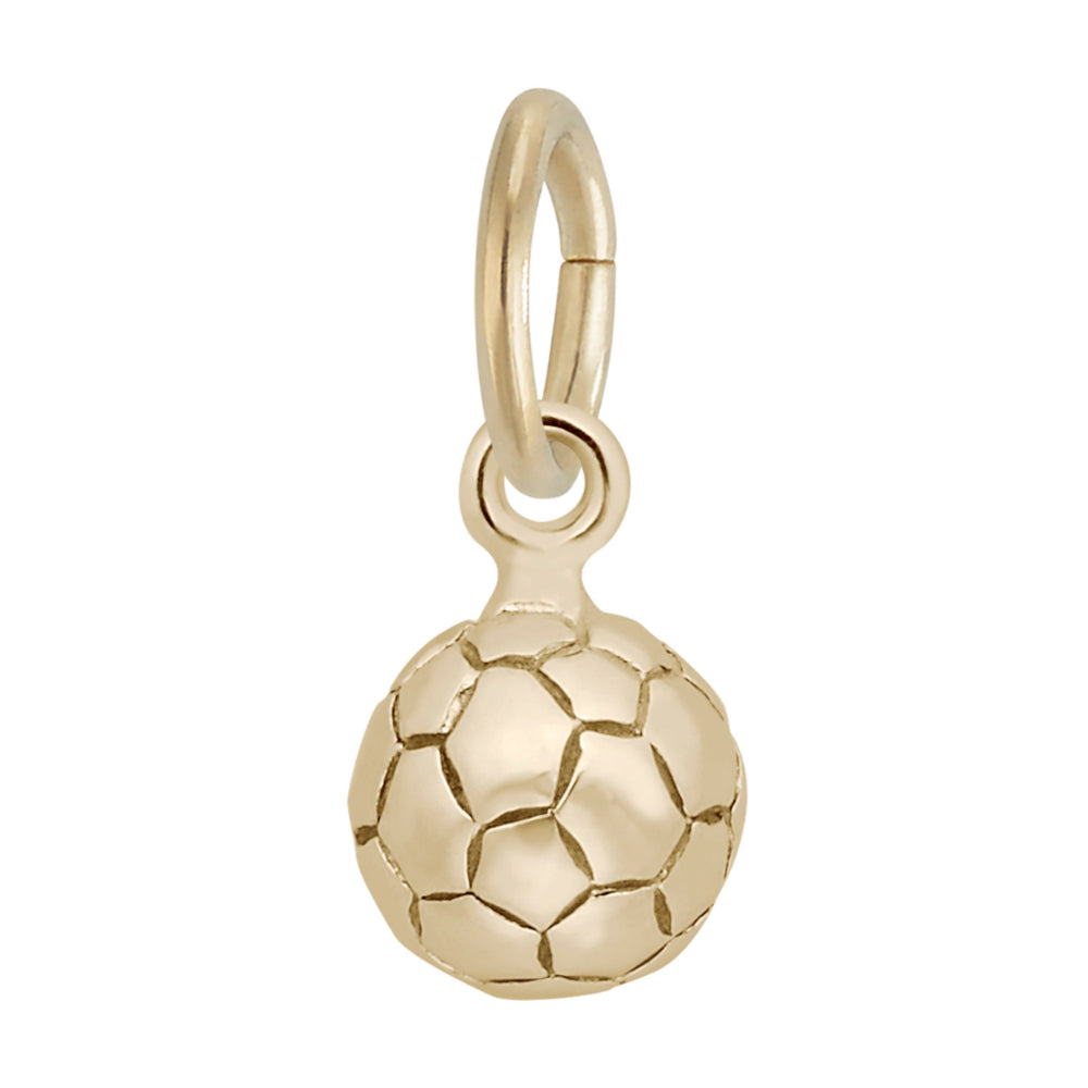 A gold 3-D soccer ball charm on a white background