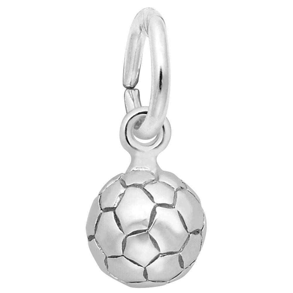 A silver 3-D soccer ball charm on a white background