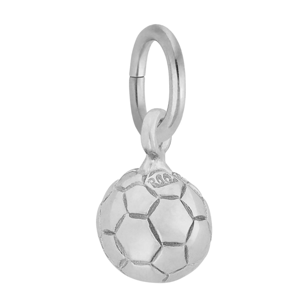 Reverse side of a silver 3-D soccer ball charm on a white background