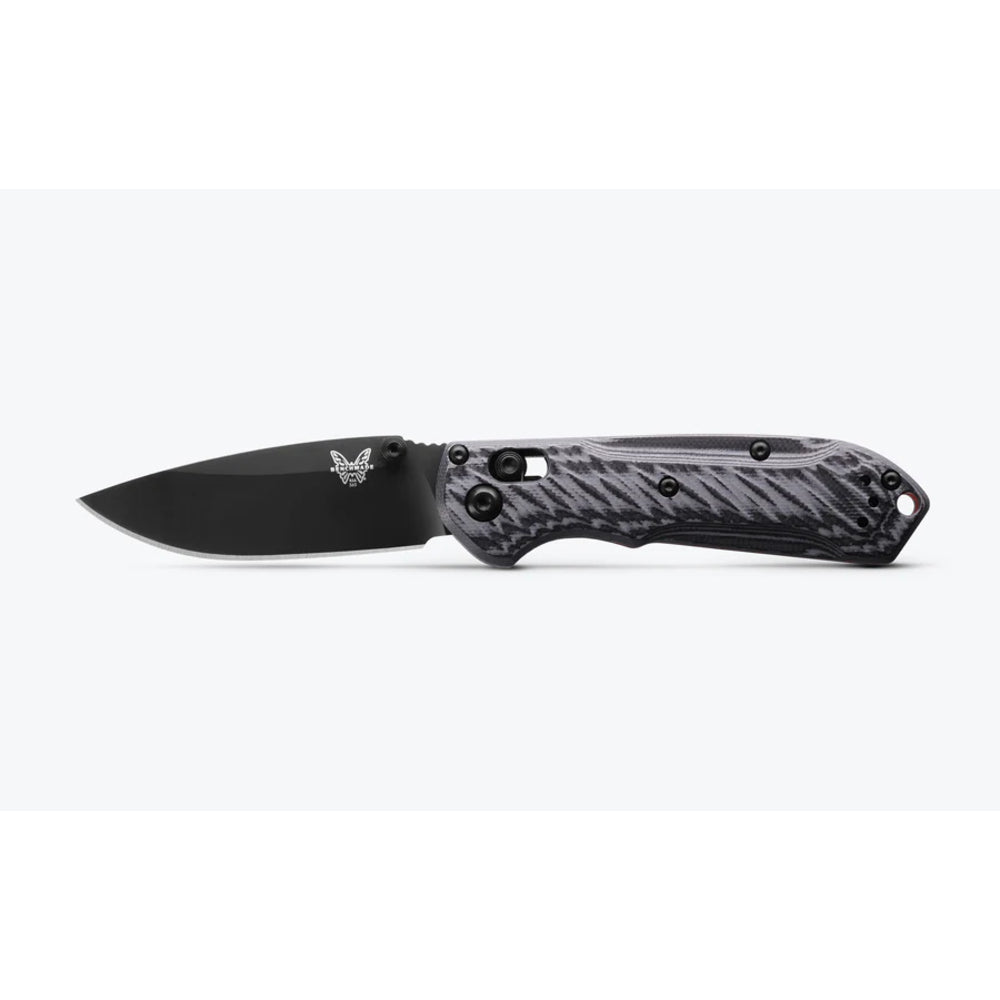 A folding pocket knife with a matte black blade and a textured black and gray handle, shown horizontally against a light gray background.