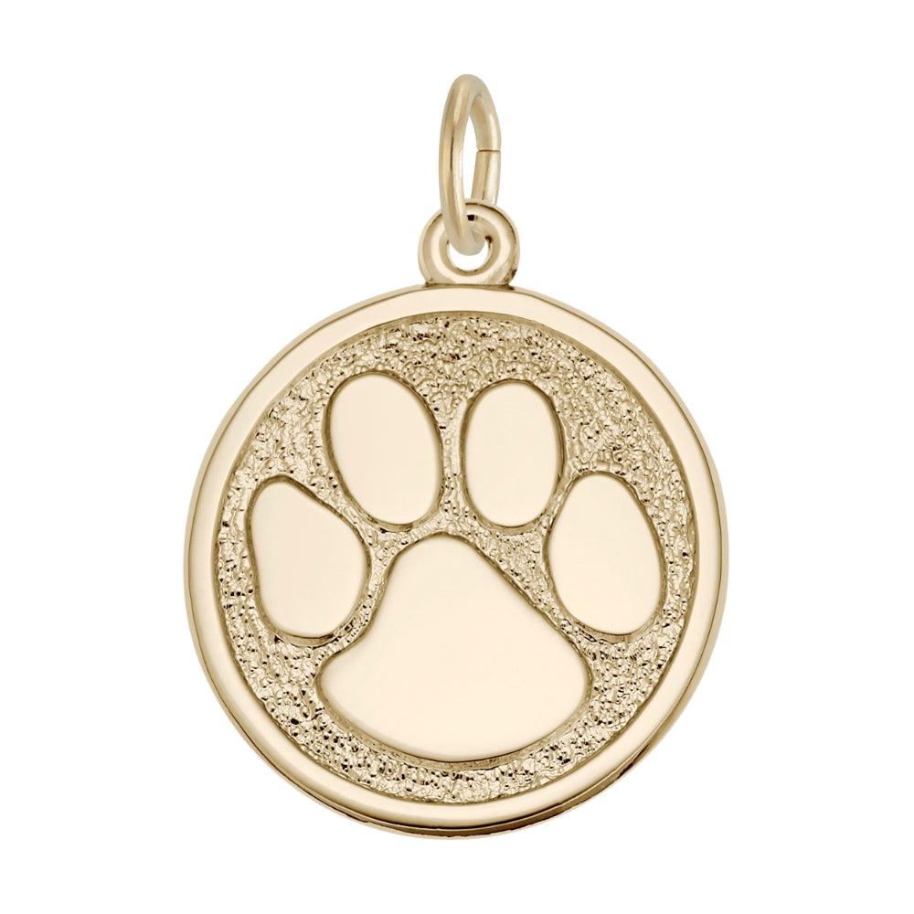 Gold charm with a paw print design on a white background