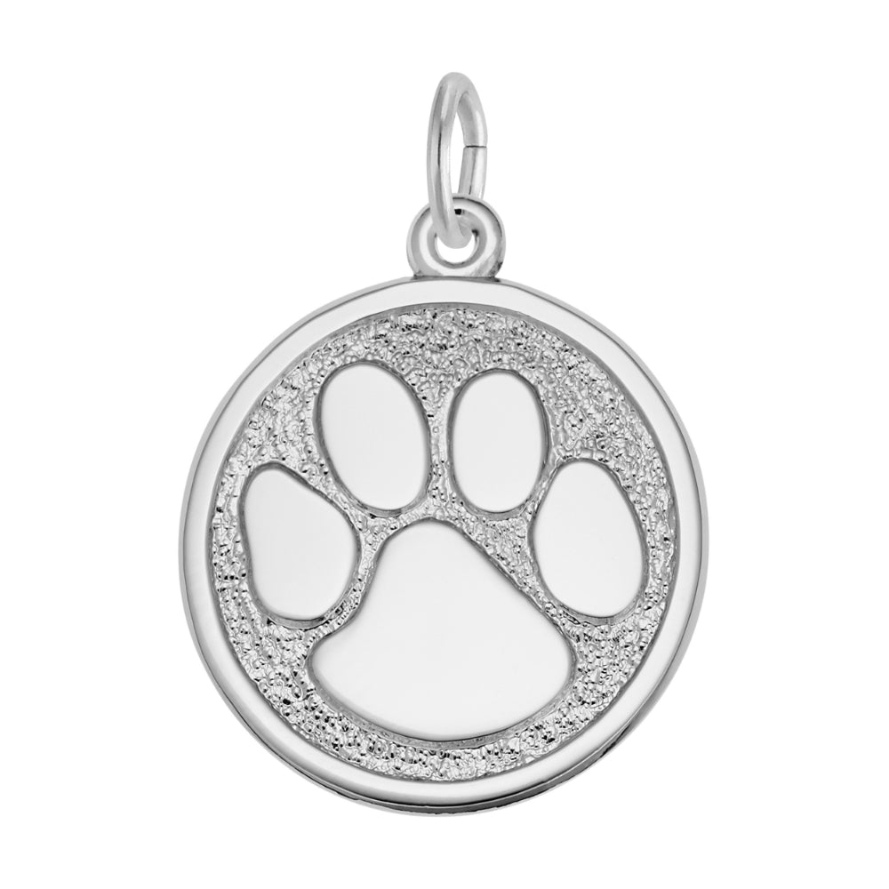 Silver charm with a paw print design on a white background