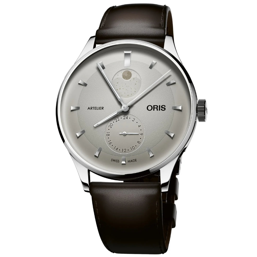 Oris watch with brown leather strap and ivory dial on a white background