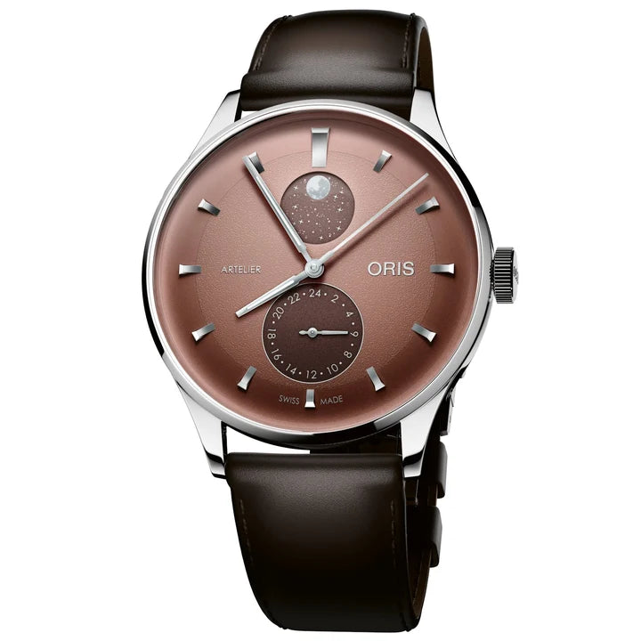 oris watch with brown dial and brown color band on a white background