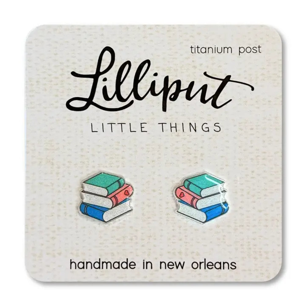 Earring card with 'Lilliput' earrings featuring books on a white background