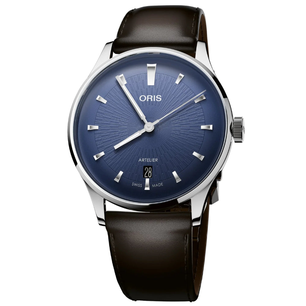 Oris watch with black leather strap and blue dial on a white background