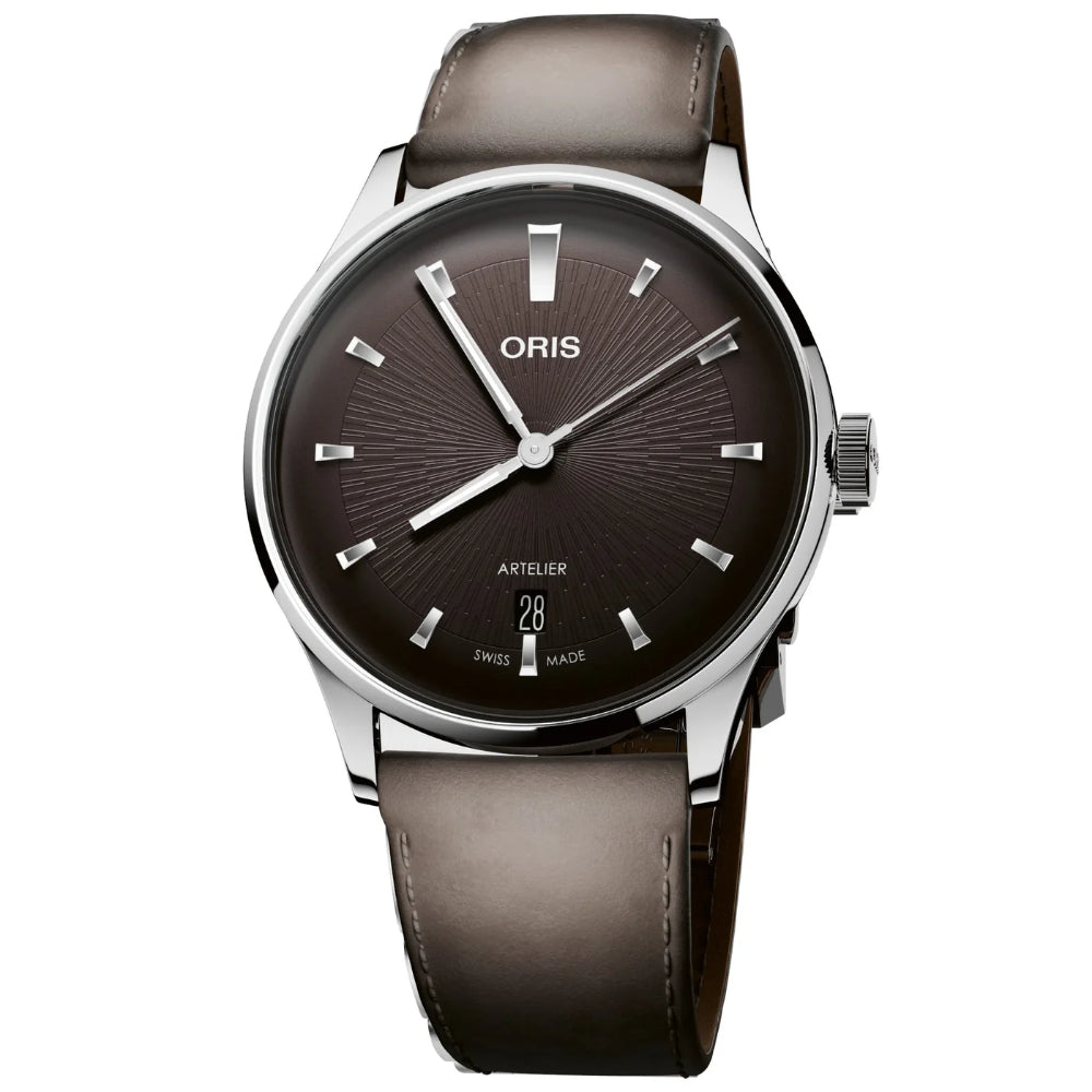Oris watch with brown leather strap on a white background