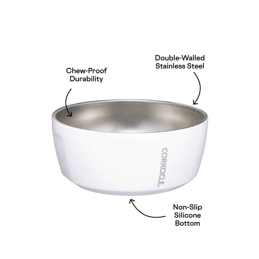 White Corkcicle dog bow with 'Corkcicle' branding with product info text in black on a white background.