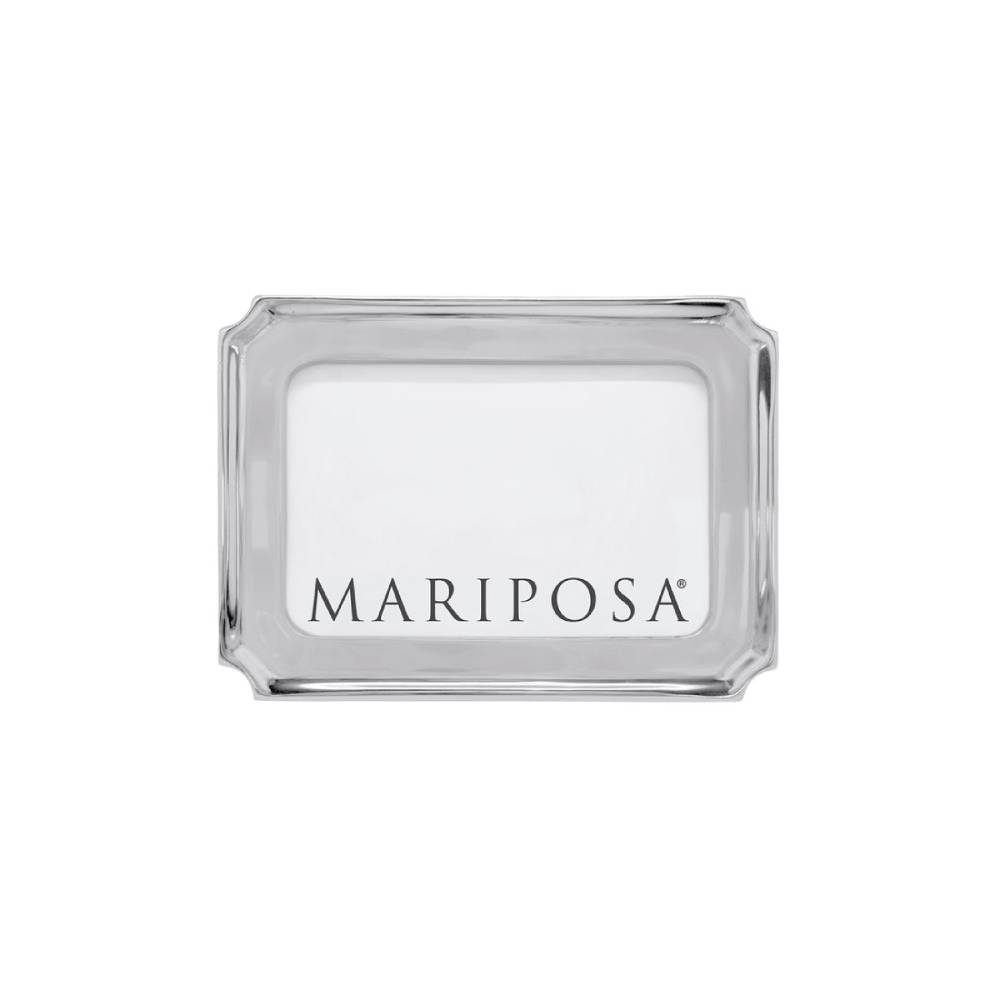 A rectangular silver tray with a beveled edge and the brand name 'MARIPOSA' printed in black on the front, set against a plain white background.