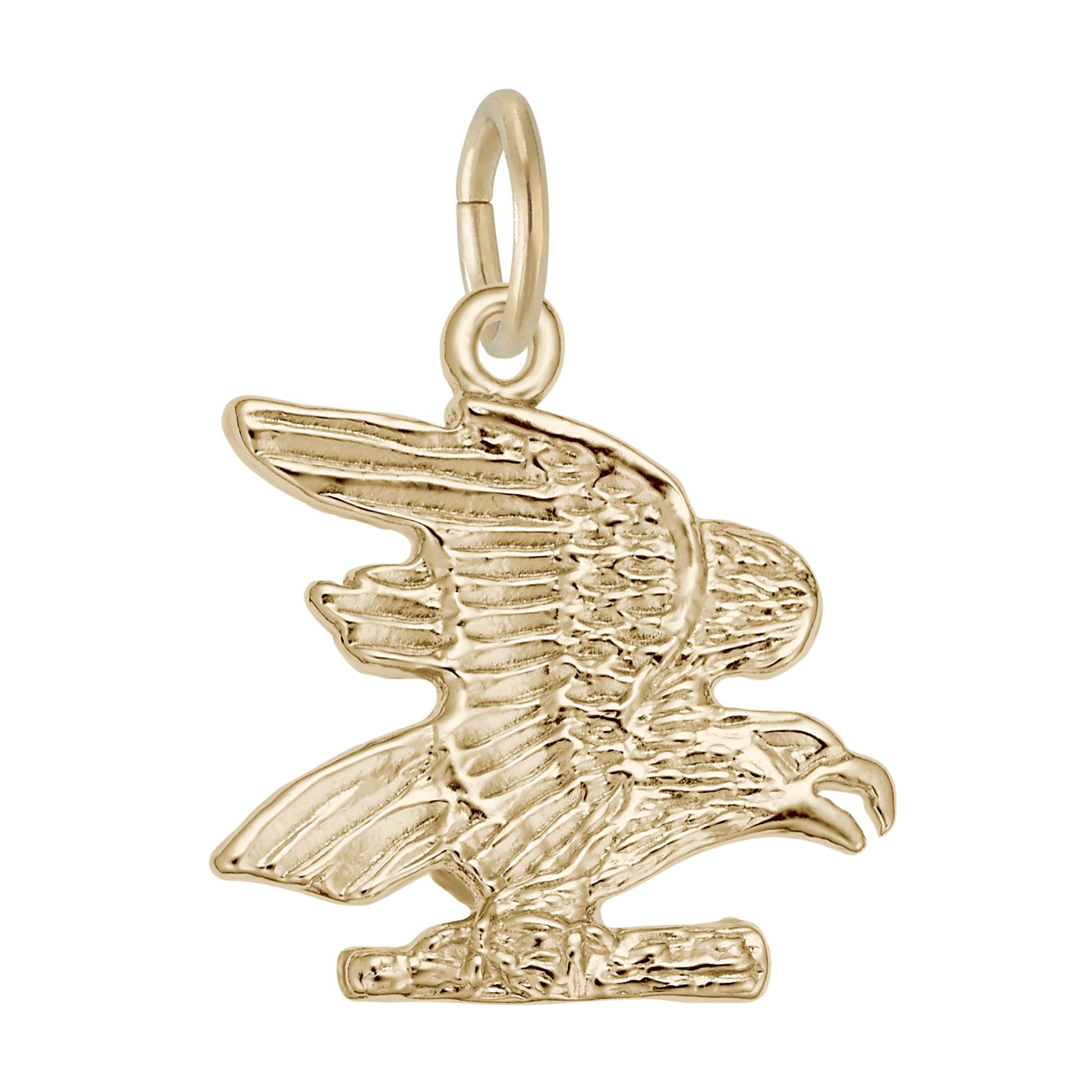 Gold eagle charm with detailed texturing, shown on a white background