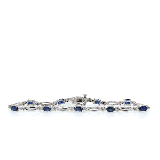 18k White Gold 7" Alternating Oval Sapphire and Diamond Link Bracelet
