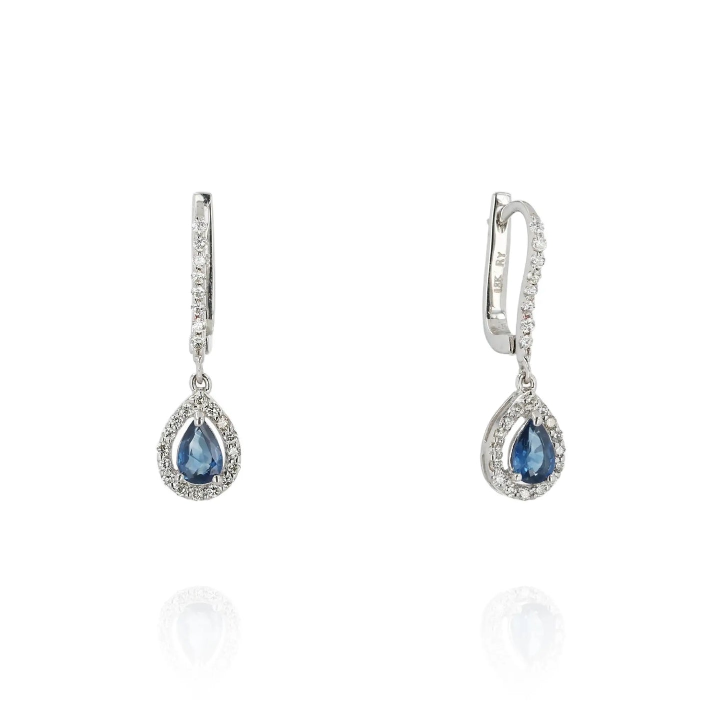 18k White Gold Pear Shape Sapphire and Diamond Halo Drop Earrings