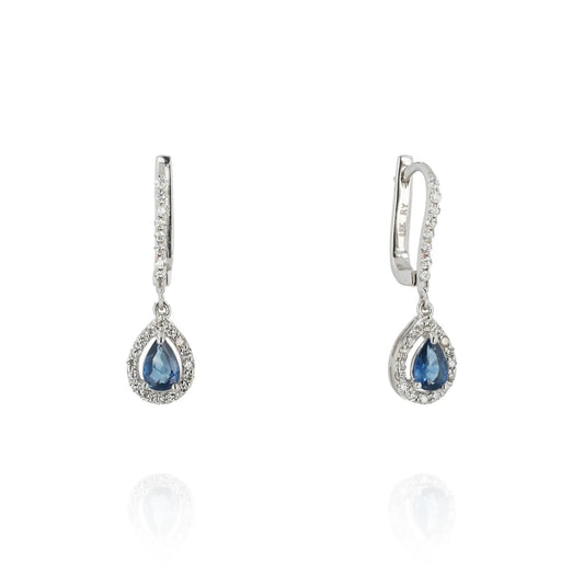 18k White Gold Pear Shape Sapphire and Diamond Halo Drop Earrings