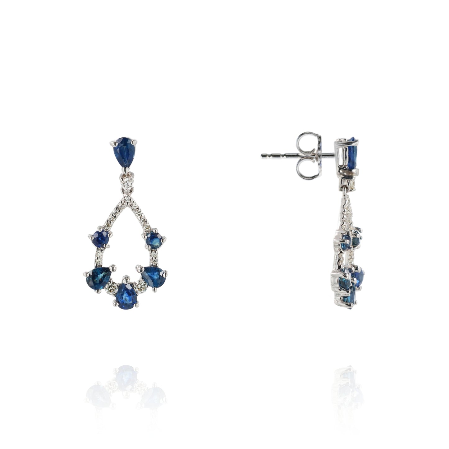 18k White Gold Open Pear Shape Sapphire and Diamond Drop Earrings