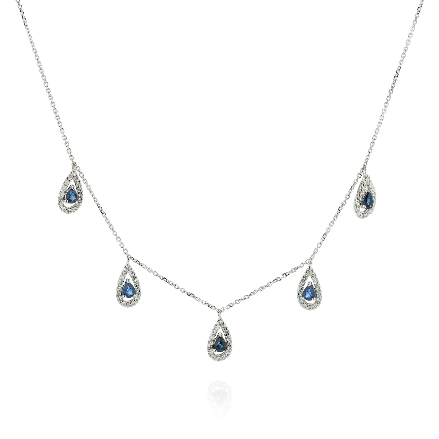 18k White Gold 17" Pear Shaped Sapphire and Diamond Halo Station Necklace
