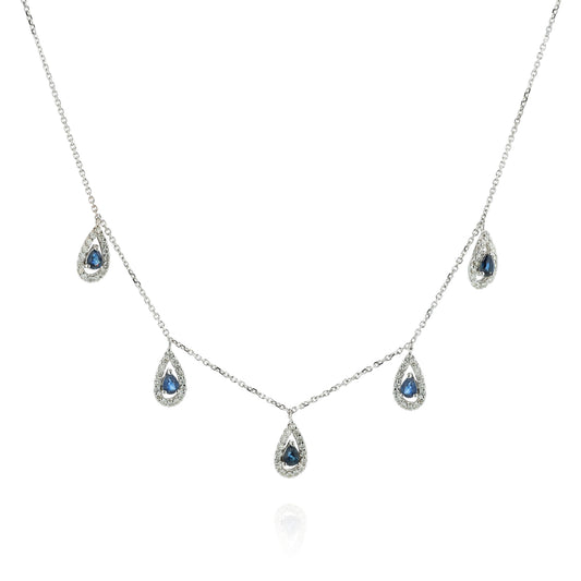 18k White Gold 17" Pear Shaped Sapphire and Diamond Halo Station Necklace