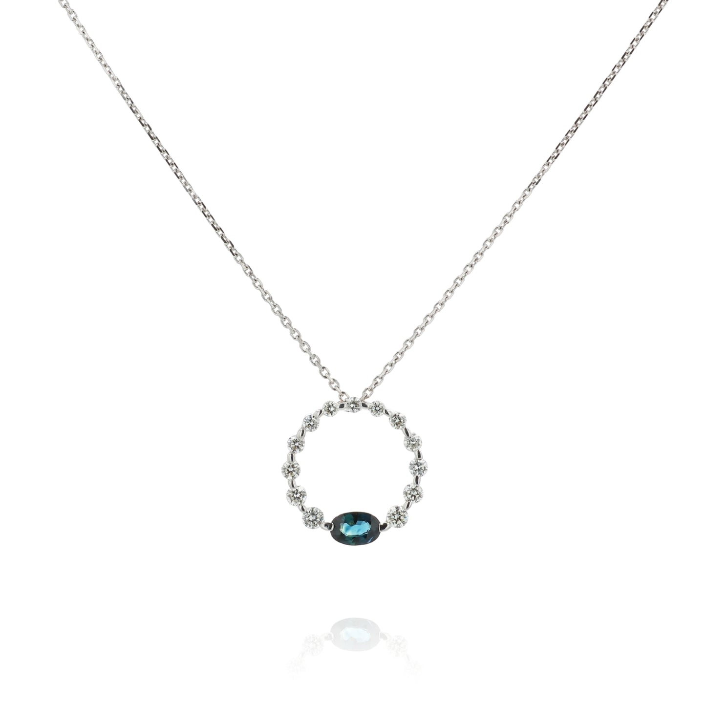 18k White Gold Graduated Open Circle Sapphire and Diamond Pendant Necklace