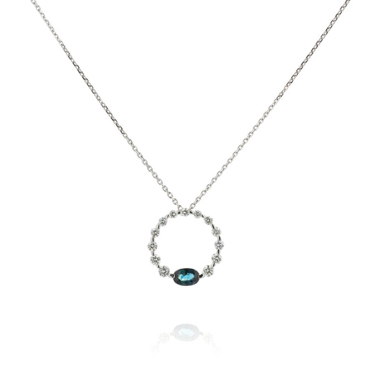 18k White Gold Graduated Open Circle Sapphire and Diamond Pendant Necklace