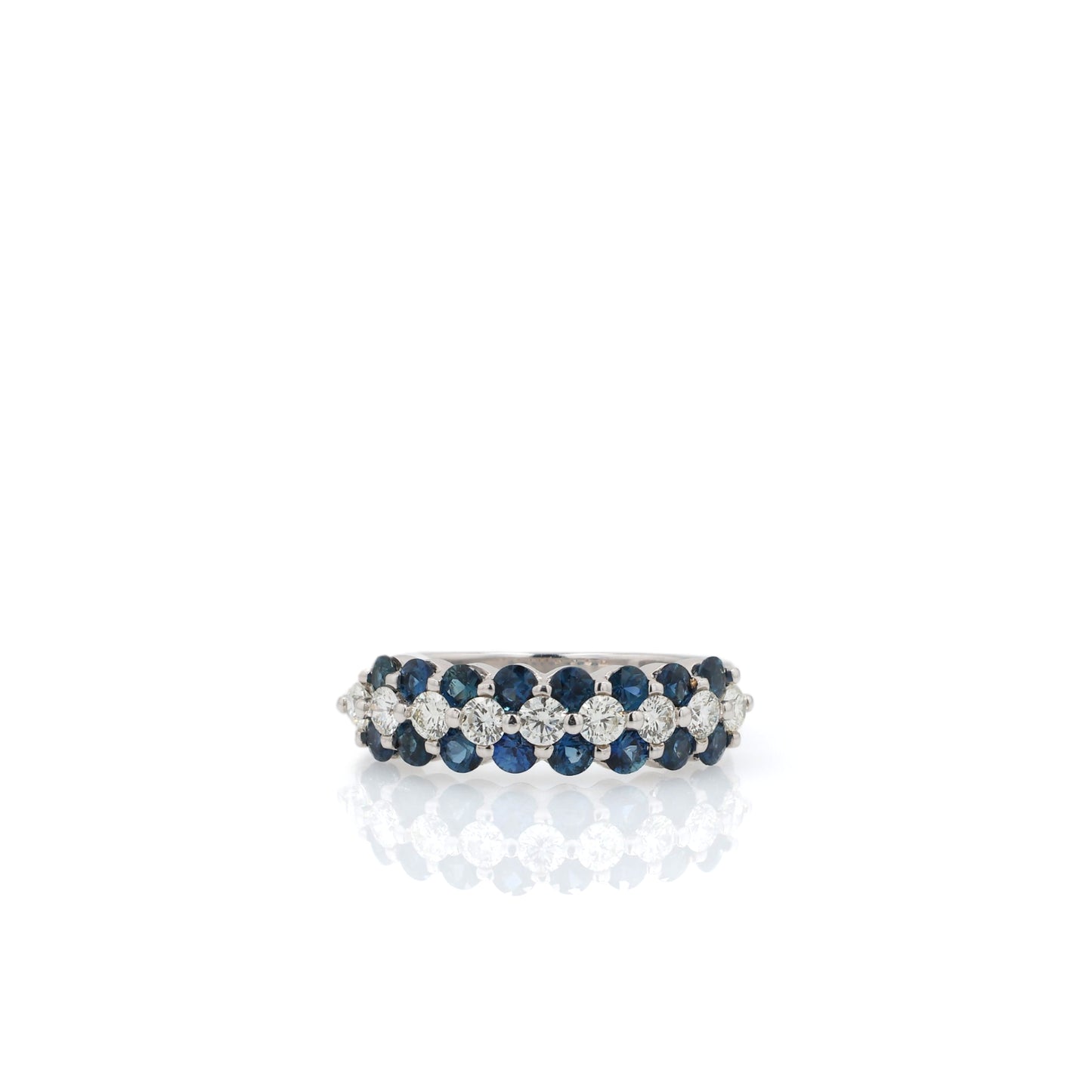 18k White Gold 3 Row Blue Sapphire and Diamond Center Row Band