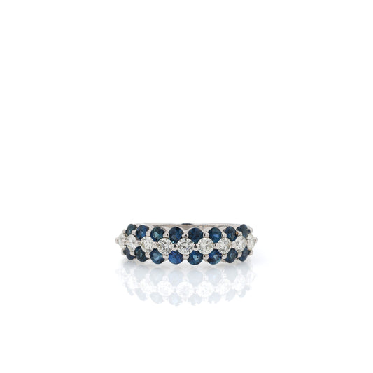 18k White Gold 3 Row Blue Sapphire and Diamond Center Row Band