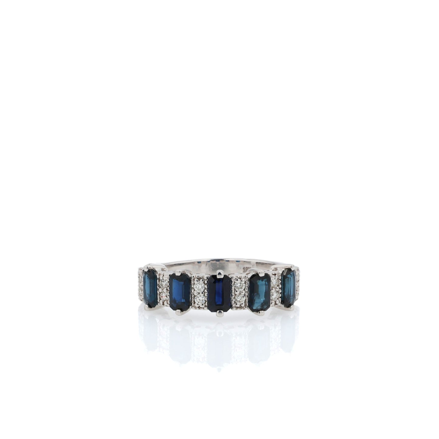 18k White Gold Alternating Emerald Cut Sapphire and Diamond Band