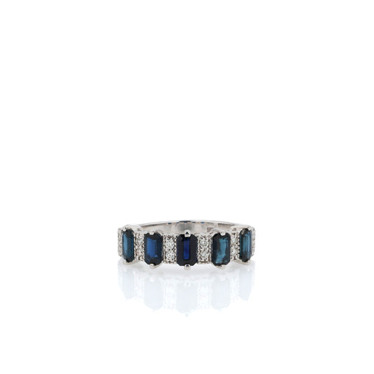 18k White Gold Alternating Emerald Cut Sapphire and Diamond Band