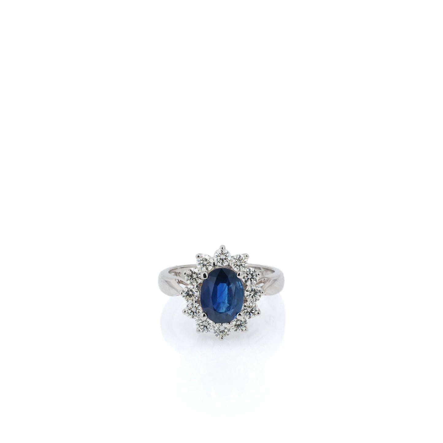 18k White Gold 2.20ct Oval Sapphire and Diamond Starburst Halo Ring