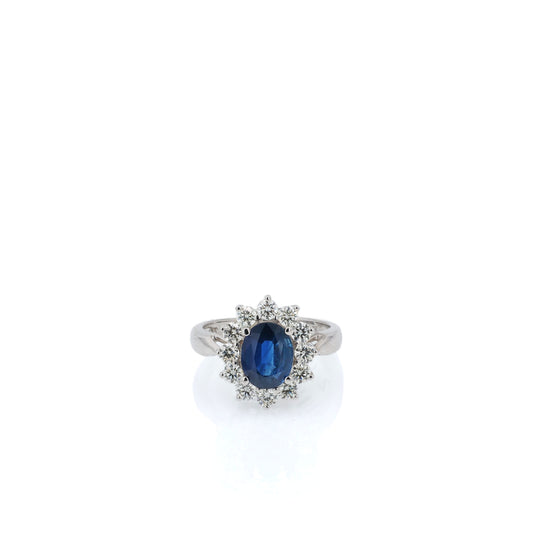 18k White Gold 2.20ct Oval Sapphire and Diamond Starburst Halo Ring