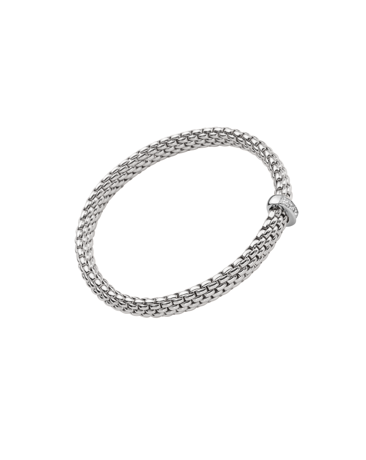 A silver-toned metal bangle bracelet with a textured, woven mesh-like chain design and a small decorative clasp, shown on a plain white background.