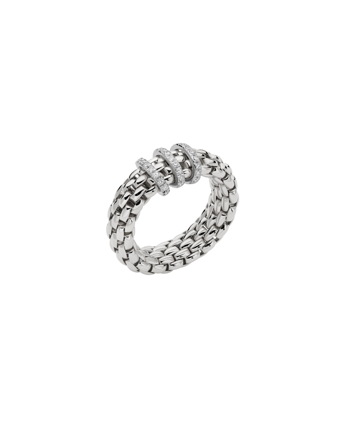 A silver-toned ring with a textured, woven chain-like band and a central cluster of small clear stones, shown on a plain white background.