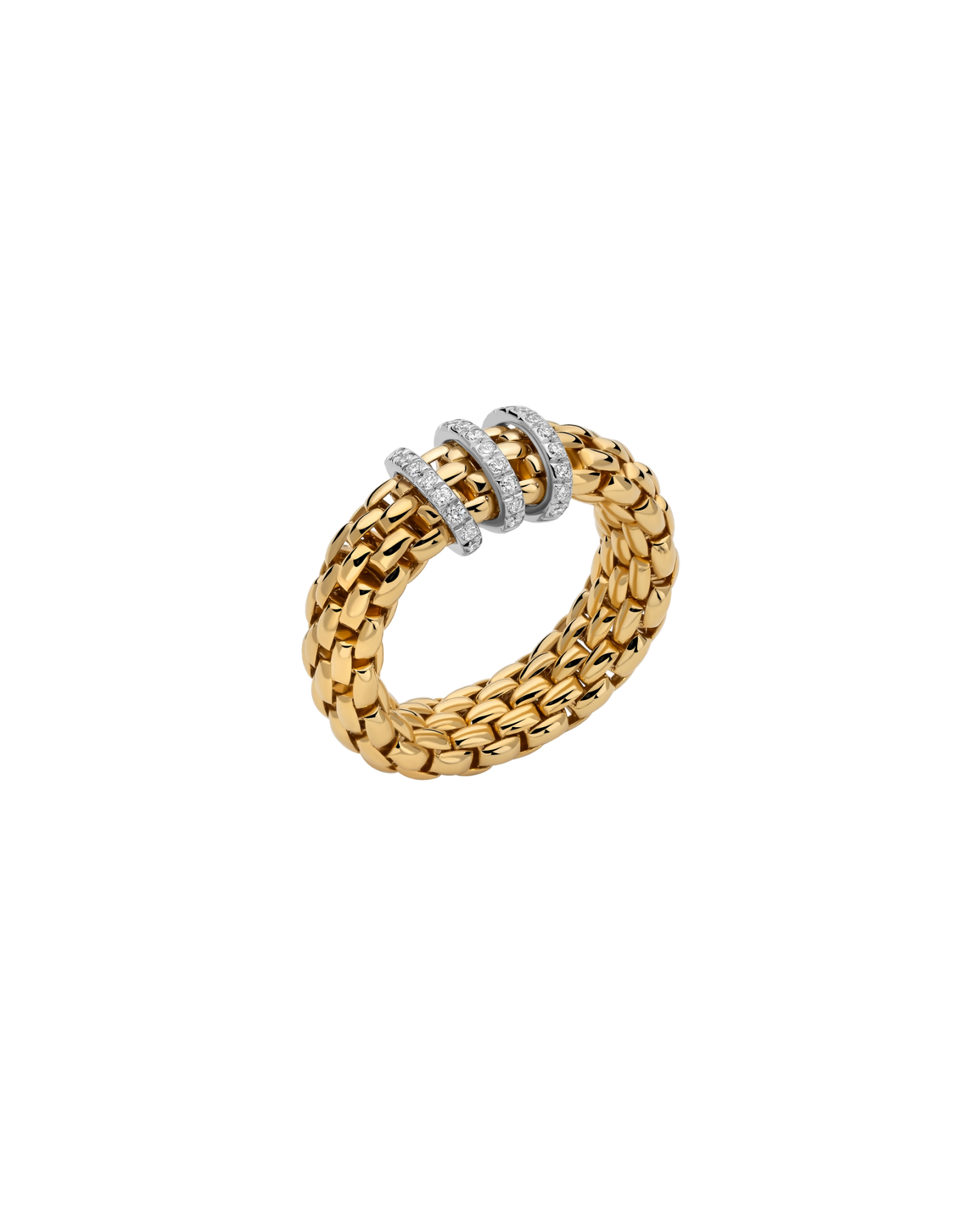 A gold mesh ring with three horizontal bands of small clear stones in the center, photographed on a plain white background.