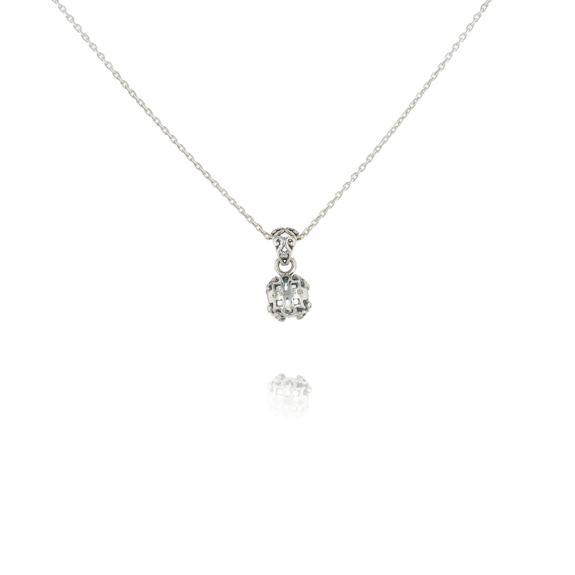 Back view of a Silver necklace with a White Topaz pendant on a white background