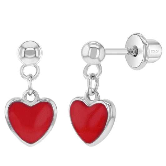 Children's Sterling Silver & Red Enamel Heart Dangle Screwback Earrings
