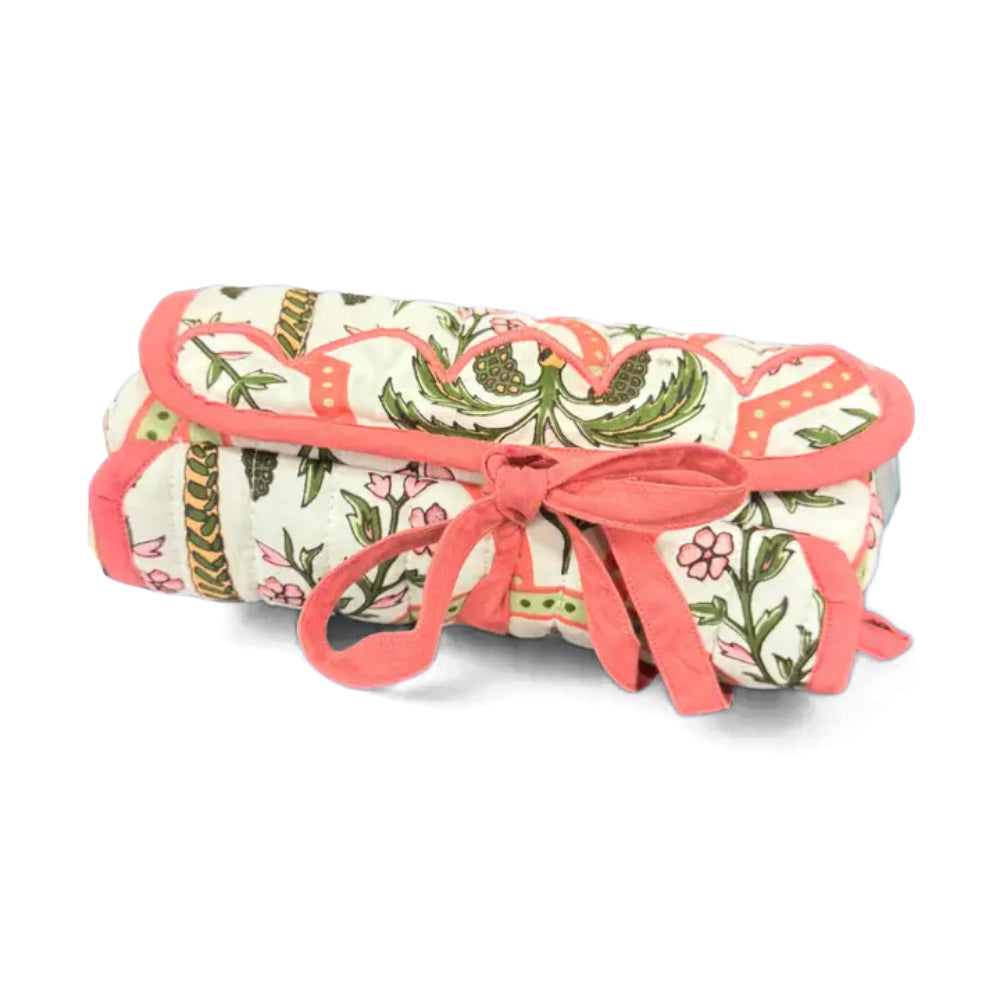Heart of Grace quilted multi-color jewelry roll on a white background