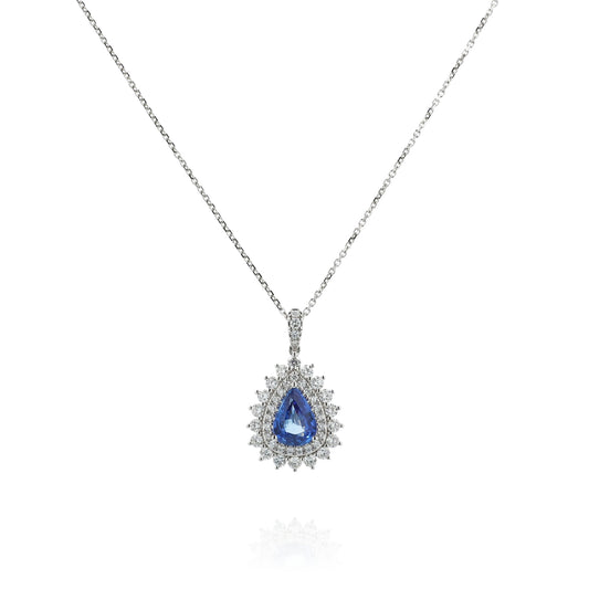 18k White Gold Pear Shape Sapphire and Diamond Double Halo Pendant Necklace