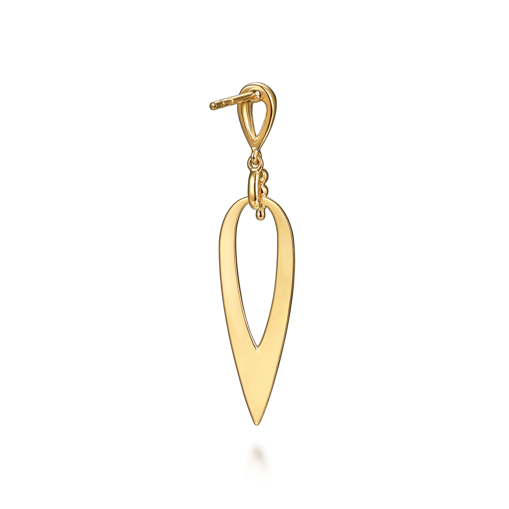 Gold earring with a teardrop design on a white background