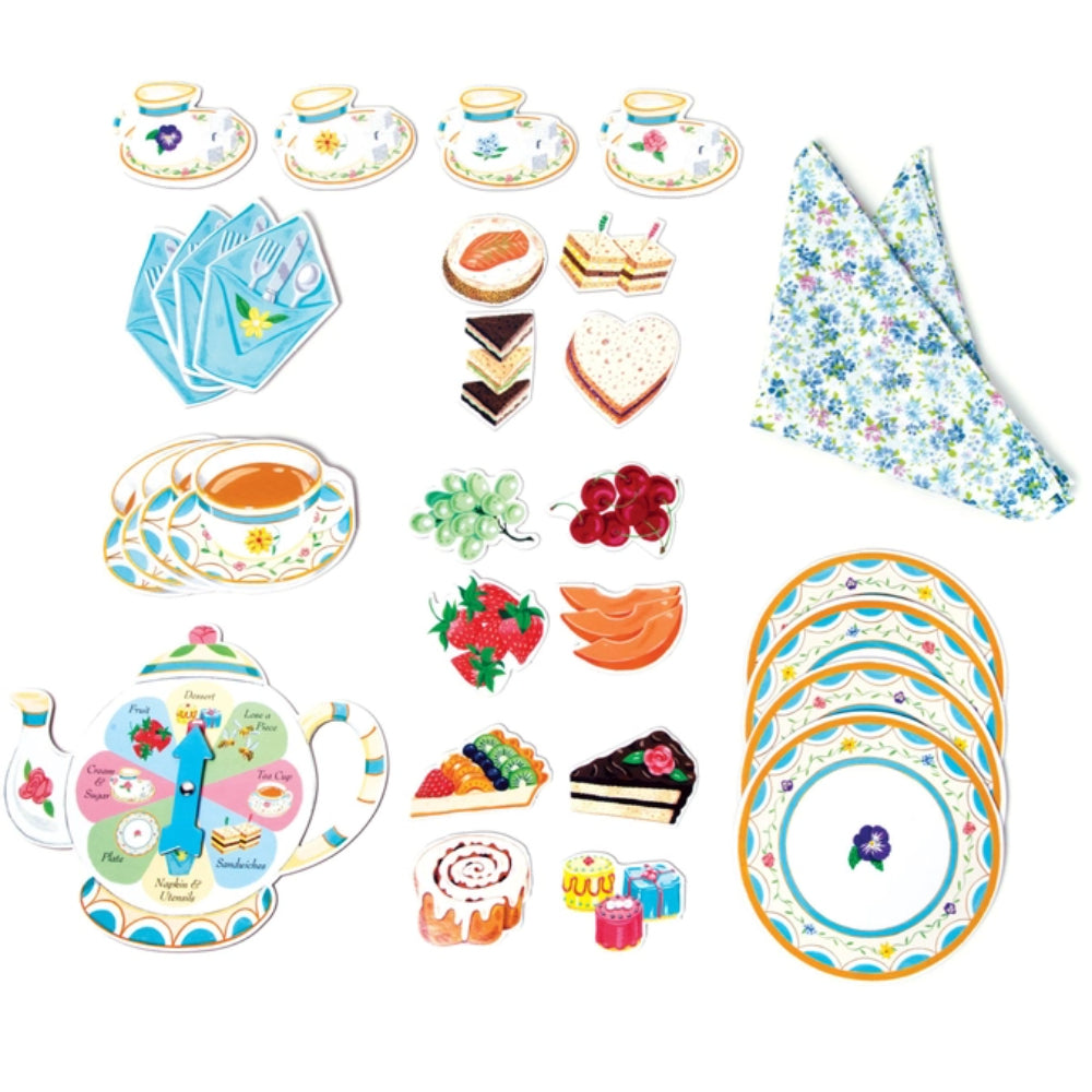 Collection of colorful tea party items including plates, teacups, and food illustrations on a white background.