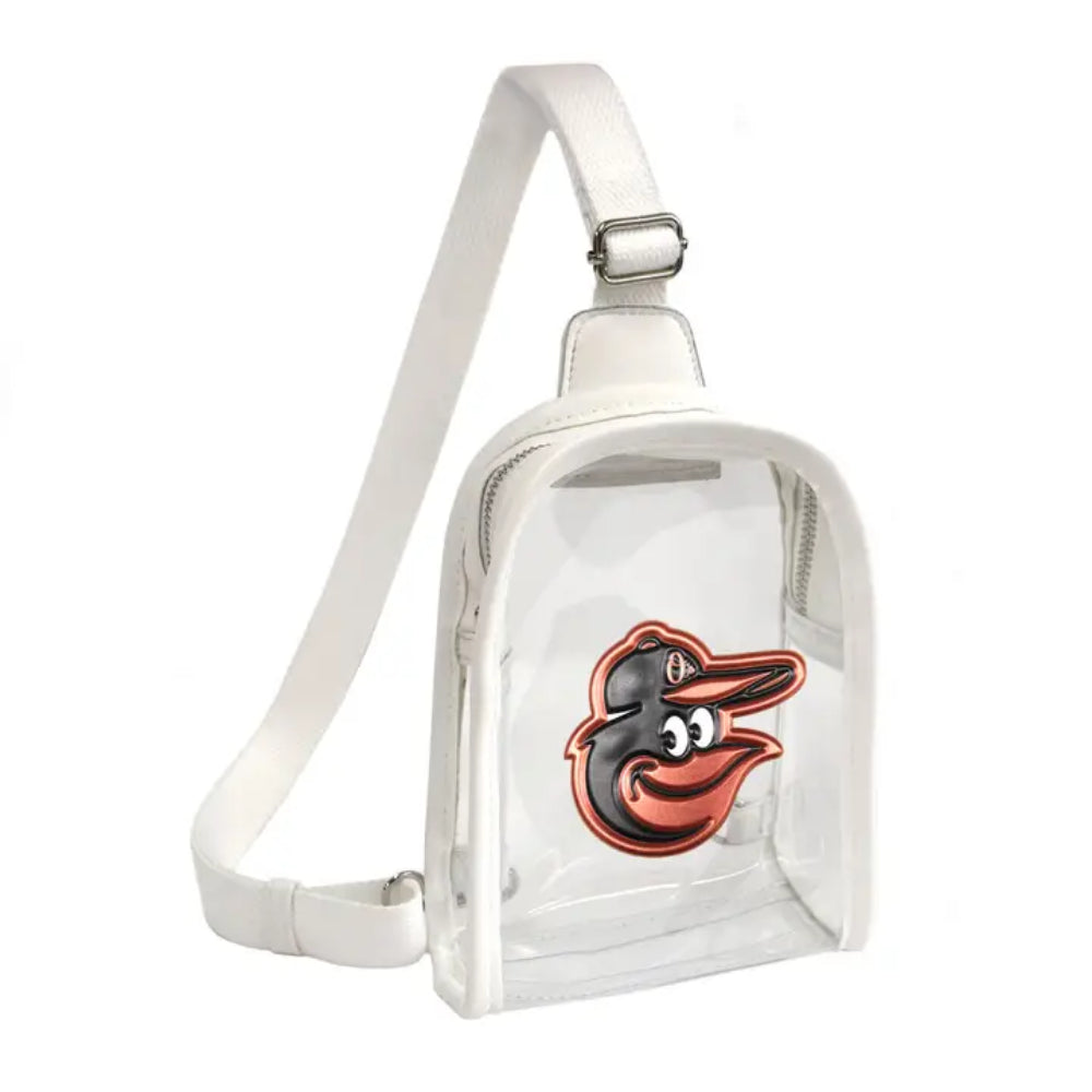 Clear 3d mini sling back with Baltimore Orioles logo on it with white background
