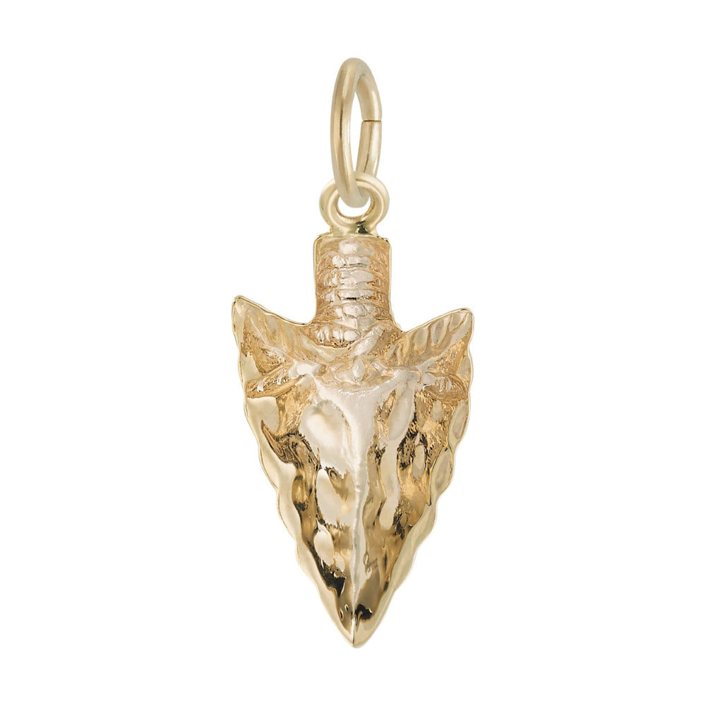 Reverse side of A gold arrowhead charm with a textured, hammered finish, shown on a plain white background.
